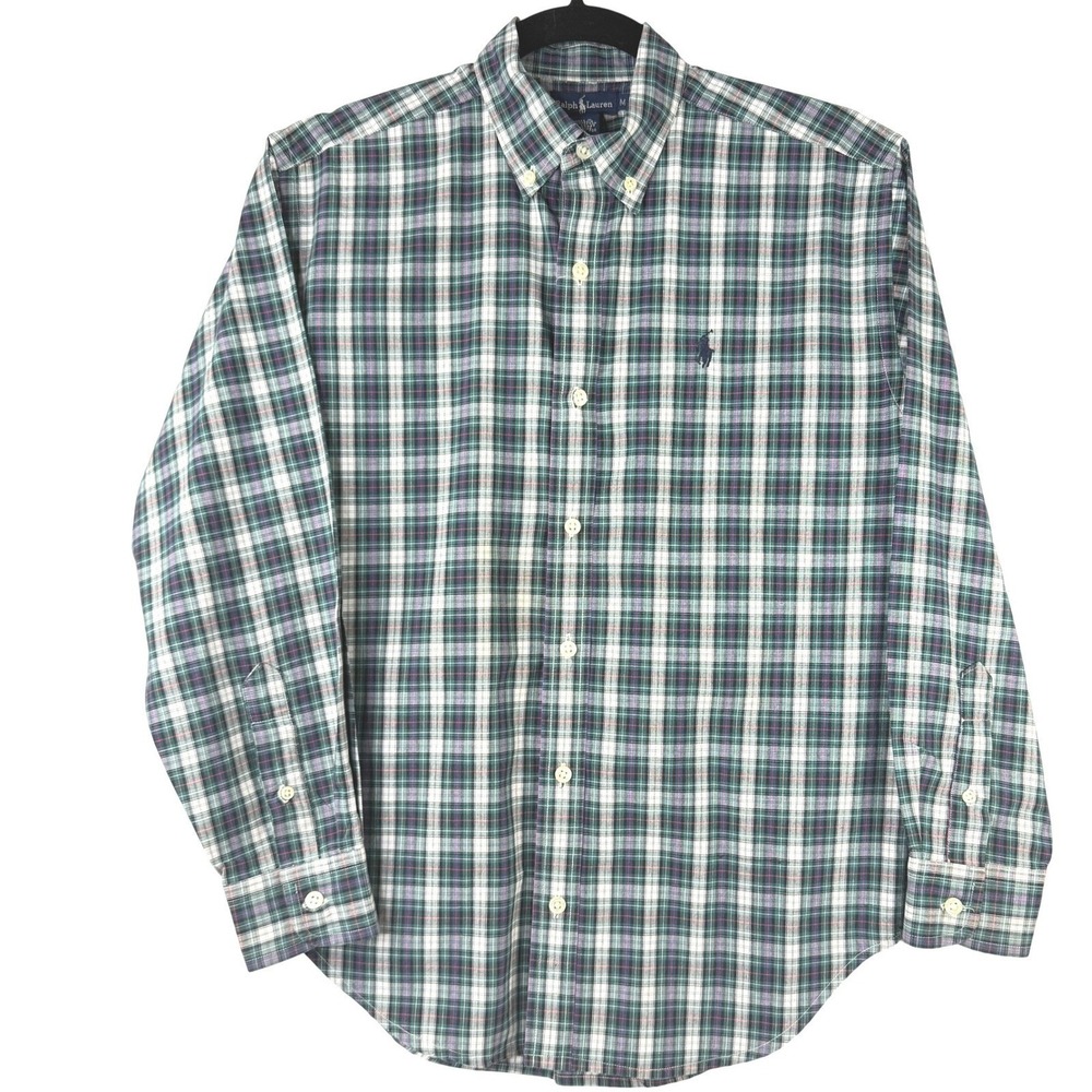 Ralph Lauren Plaid Button Down Shirt Long Sleeve Cotton Green Blue Boys Size M